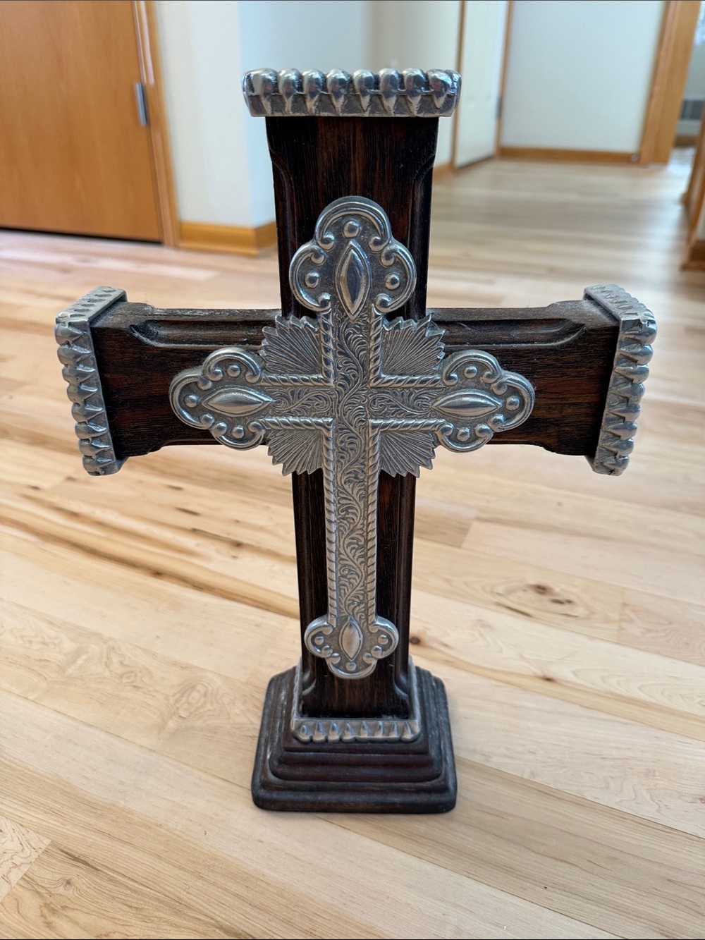 Vintage-Free Standing-rustic wooden cross-embossed pewter overlay-Home Decor